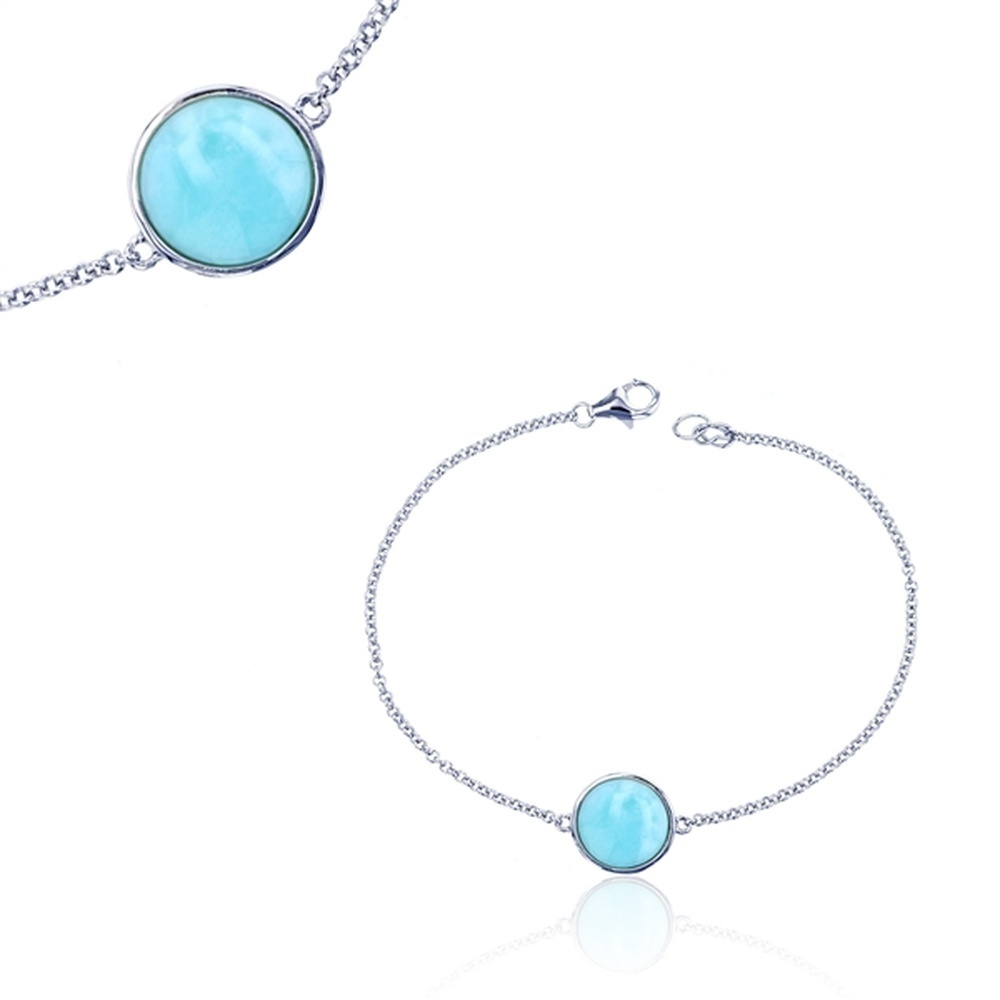925 Sterling Silver Larimar Round Shape with Cable Chain Bracelet 7.5"